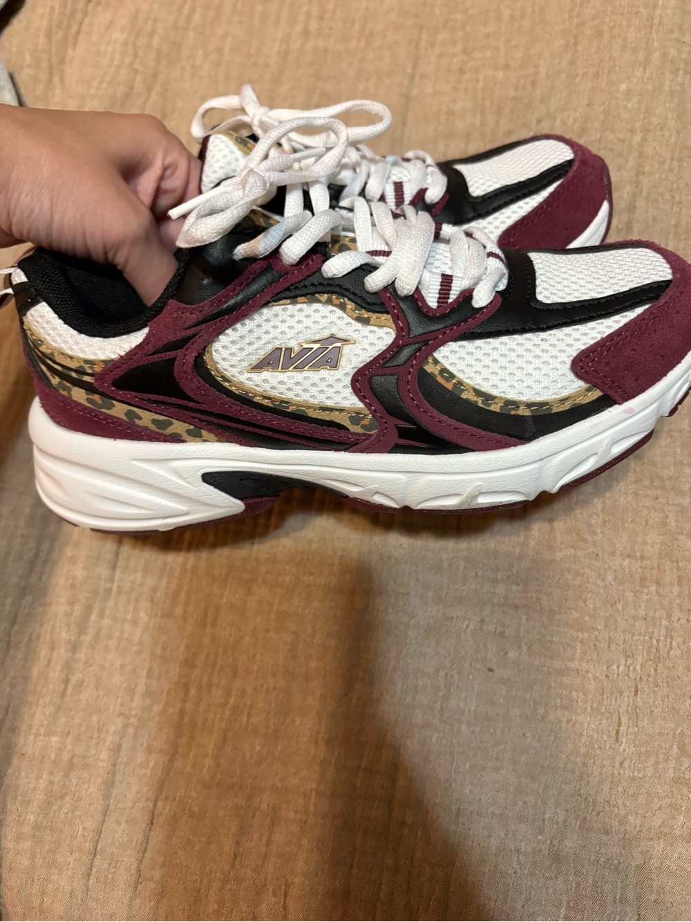 Avia Burgundy, White and Black Women's Athletic Sneakers with Leopard Accent